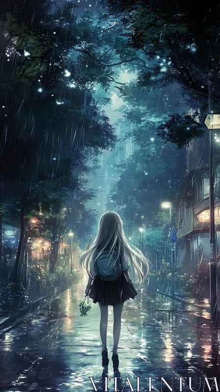 Quiet rainy night walk with a thoughtful girl under trees.