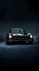 Low-key night render of classic Mercedes coupe on wet road