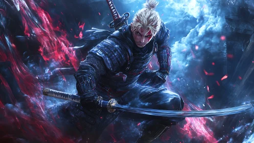Stormlit samurai poised between crimson embers and ice-blue sky.