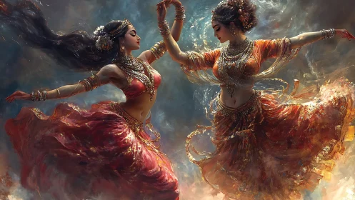 Twin classical dancers swirling in jeweled firelit motion.