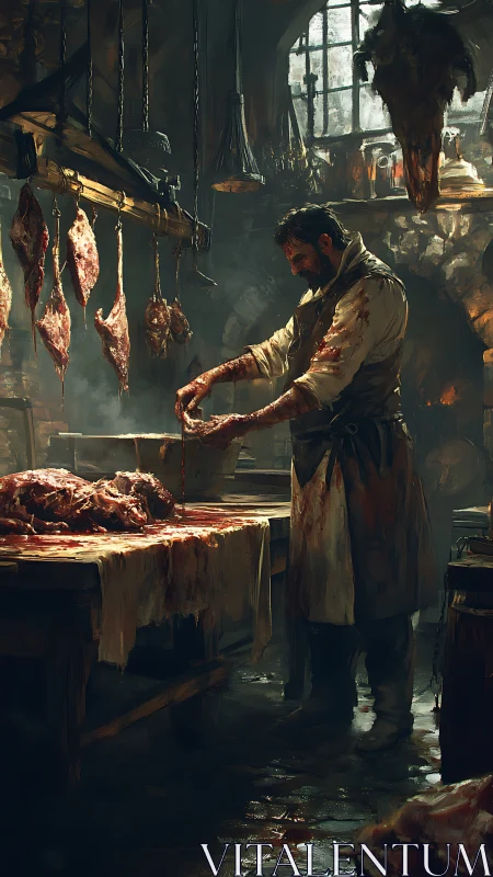 Butcher working in dimly lit rustic meat workshop.