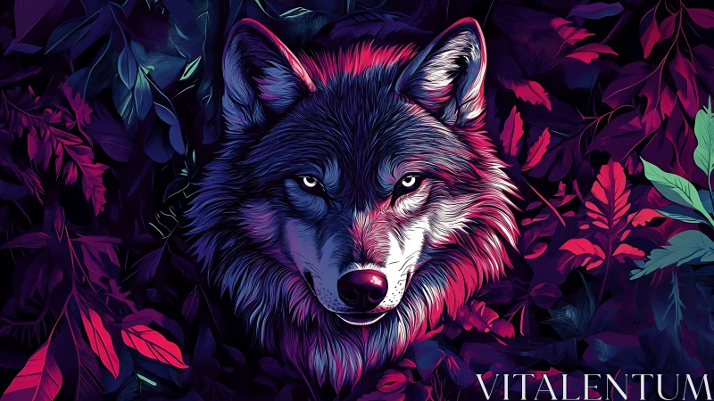 Wolf head centered in high contrast neon foliage illustration