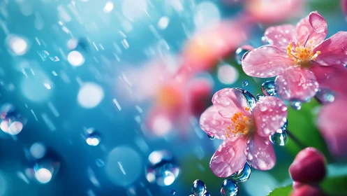 Pink flowers with water droplets against blue bokeh background