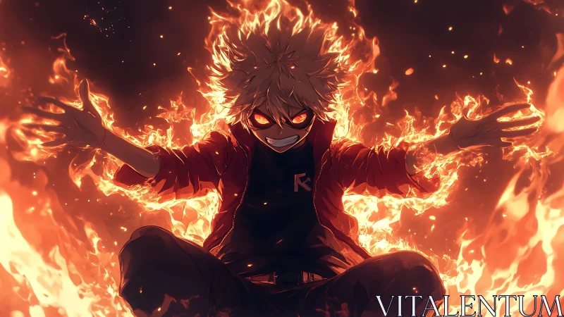 Anime character surrounded by intense orange fire field.