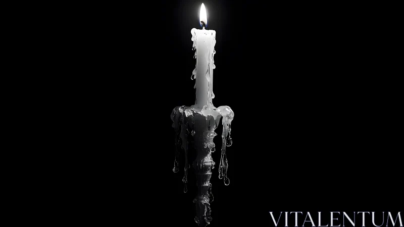 Melting White Candle with Dripping Wax on Black Background.