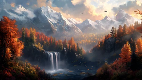 Golden autumn waterfall cradled by snow kissed mountains.