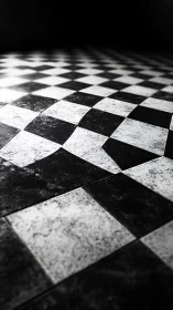 Worn checkerboard floor recedes into a stark, shadowed void