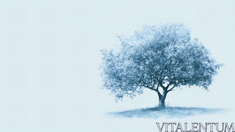 Solitary tree in minimalist blue digital painting on pale background.