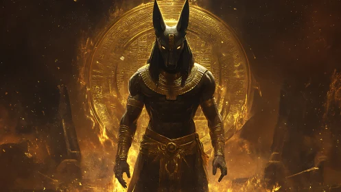 Anubis stands before flaming hieroglyphic portal in golden aura