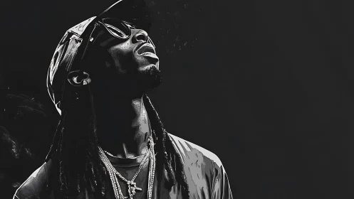 Monochrome digital portrait of stylish man in sunglasses.