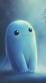 Blue furred creature in misty environment, frontal view.