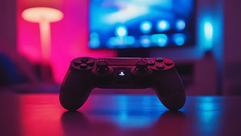 PlayStation Controller in Neon Gaming Environment.
