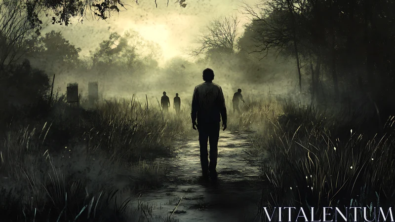 Backlit lone figure advances along misty path toward silhouettes