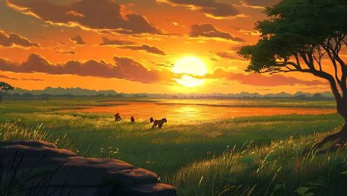 Sunset over grassy riverside plain with distant wildlife.