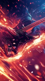 Electric guitarist engulfed in neon fire and molten light.