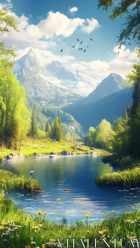 Snowcapped peaks rise above tranquil alpine lake valley