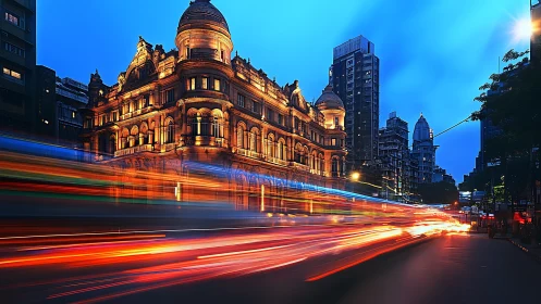 Historic urban building stands against evening traffic blur