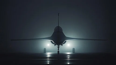 Night runway jet waits calmly in the glow of hazy lights