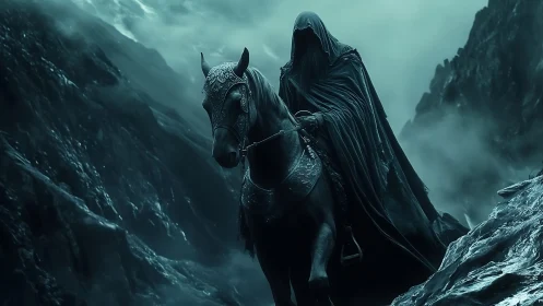 Midnight wraith rider prowls through storm‑scraped ravine.