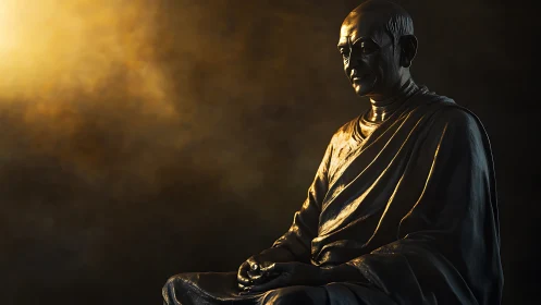 Gentle bronze monk statue rests in warm golden light