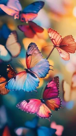 Iridescent butterflies glide through bokeh-lit chromatic air