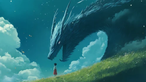 Child facing large dragon in bright open landscape scene.