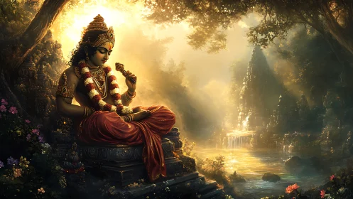 Sun-drenched forest deity in lotus calm beside golden falls.