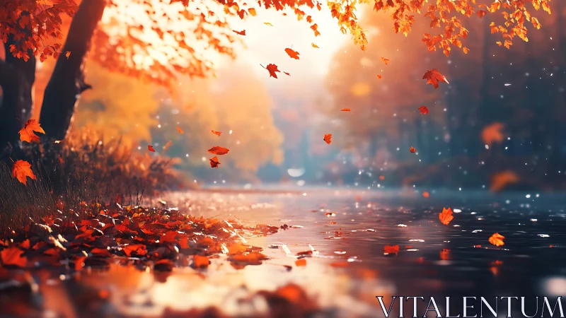 Fallen and airborne autumn leaves move across calm water