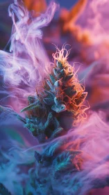 Neon cannabis bud glows through swirling colored smoke