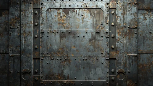 Riveted steel bulkhead panel with industrial weathered patina.