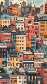 Dense midrise city block with varied colorful facades.