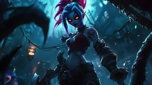 Blue-haired armed character in dark urban alleyway at night.