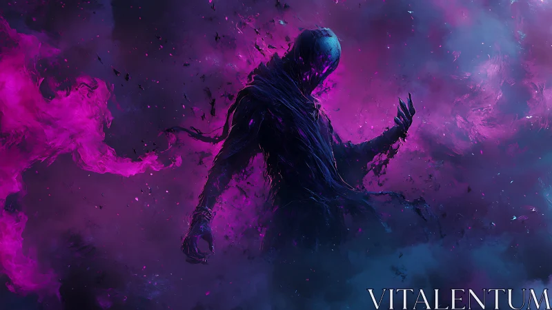 Shadowy void wraith emerges through neon purple storm clouds