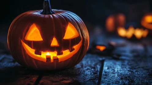 Carved jack o lantern pumpkin glowing on rustic table.
