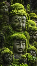 Moss encrusted Buddha reliefs integrated into humid cliffside.