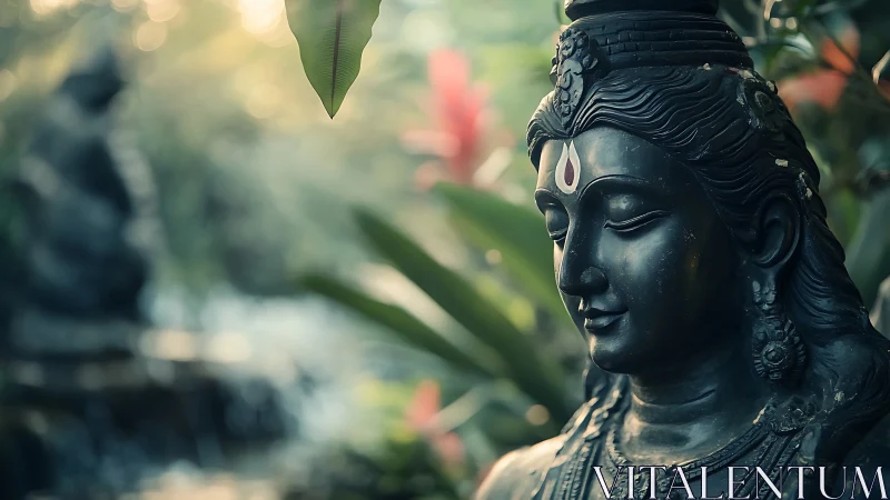 Serene dark stone deity sculpture in lush garden bokeh.