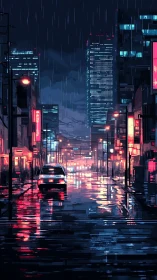Neon city street shimmers under rain in pixel nightscape
