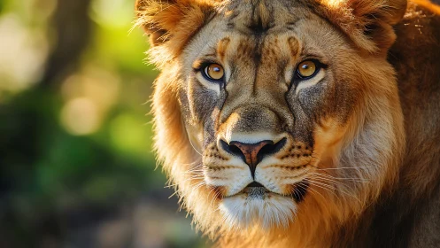Close frontal portrait of a lion in natural habitat setting.