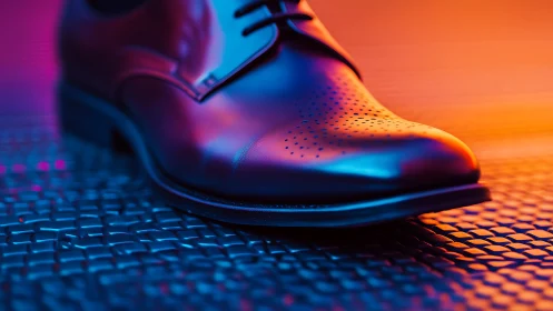 Laced leather oxford under neon rim lighting on textured floor