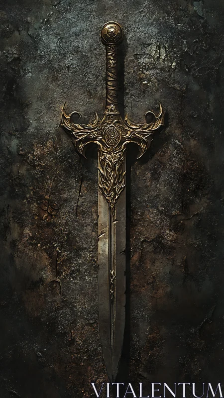 Ornate medieval sword is displayed against corroded surface