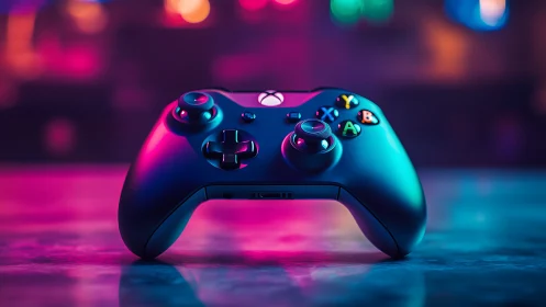 Neon Gaming Controller in Vibrant Cyberpunk Lighting.