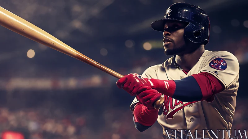 Dynamic baseball batter poised mid-swing under stadium lights.