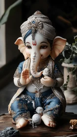 Baby Ganesha idol in ornate blue attire with soft lighting.