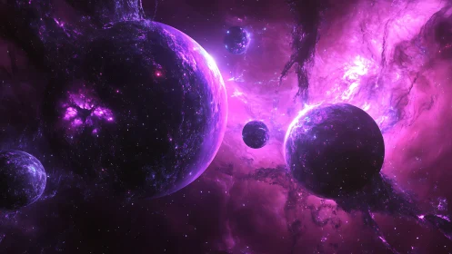 Violet nebular orrery with luminous multi-planet depth field.