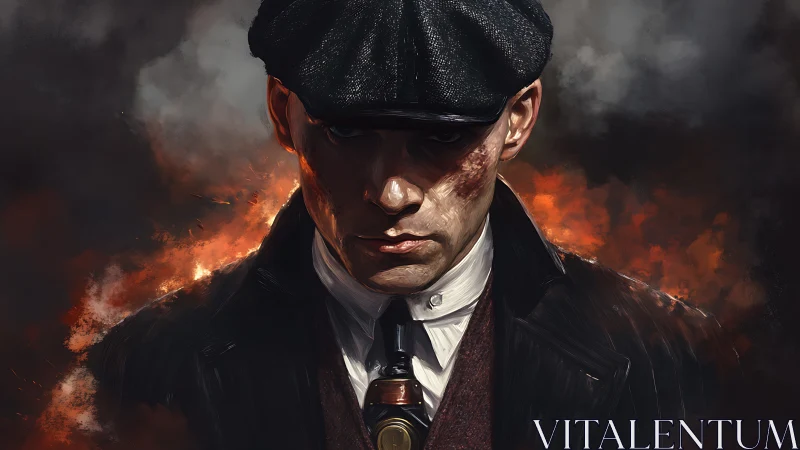 Gritty gangster portrait before burning backdrop.