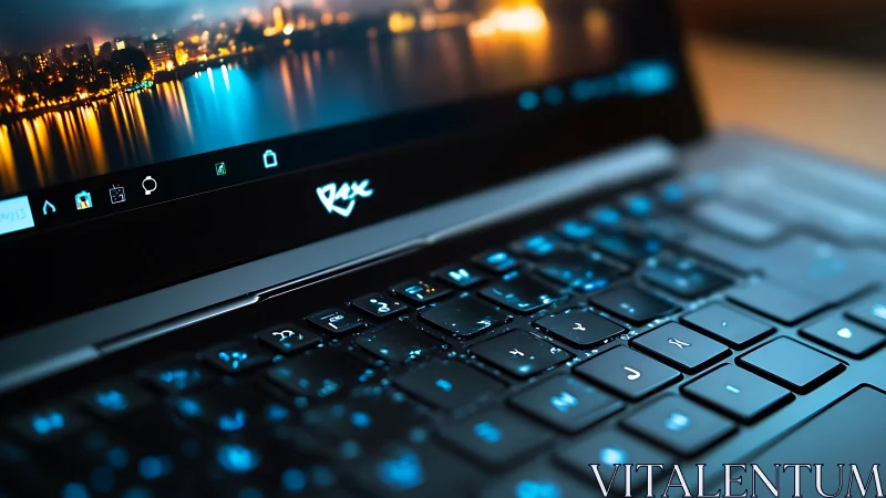 Neon city laptop keys shimmering like midnight rainstorms.
