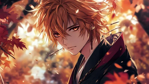 Male anime figure stands amid autumn foliage in close-up