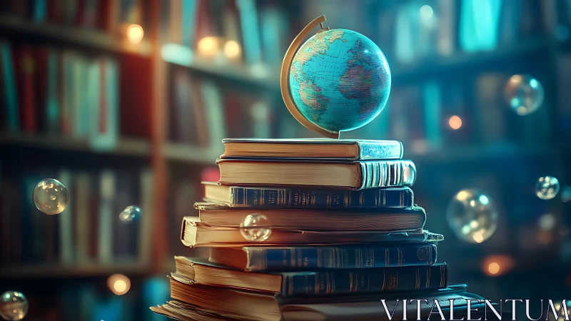 Whirling globe crowns a spellbound tower of library books.