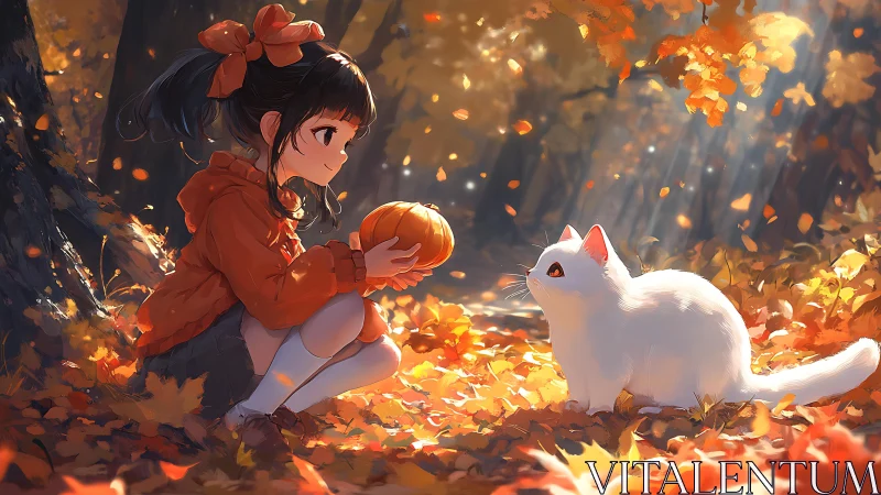 Autumn forest vignette frames girl and cat with pumpkin glow