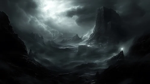 Digital painting of monolithic stormlit wasteland panorama.